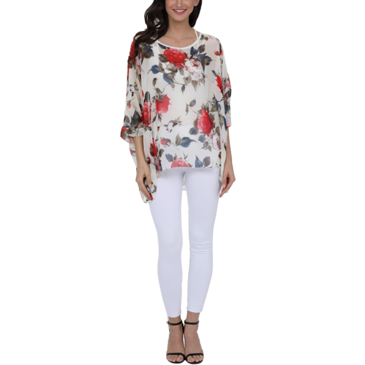 Womens Rose Floral Print Chiffon Top