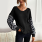 Pull col V pour femme avec manches à imprimé léopard 