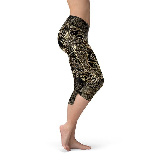 Womens Koi Fish Black Capri Leggings