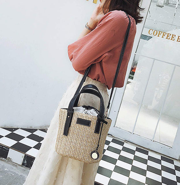 Straw Shoulder Bucket Bag with Vegan Leather Handle